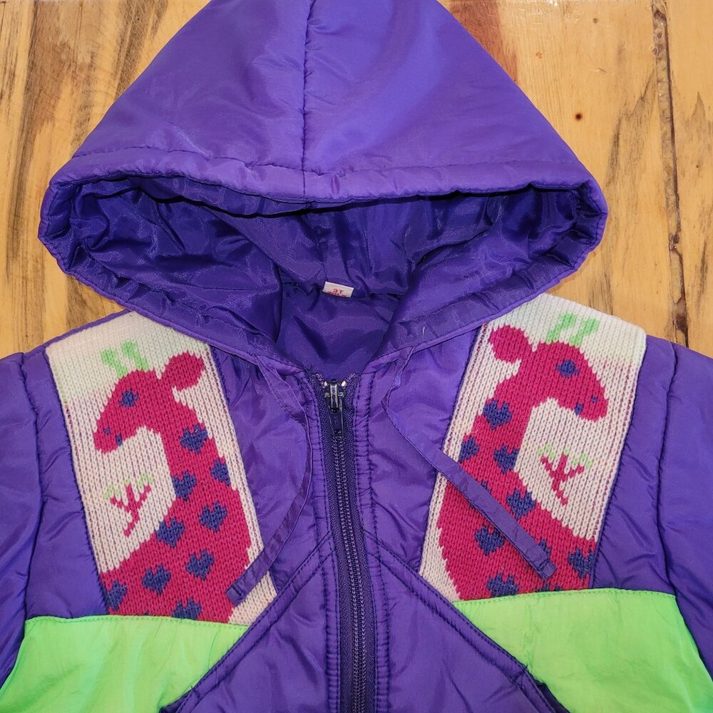Vintage 1980s Kids 3T Hooded Jacket Purple Neon Green Hooded Giraffes Elephants. - Picture 4 of 13